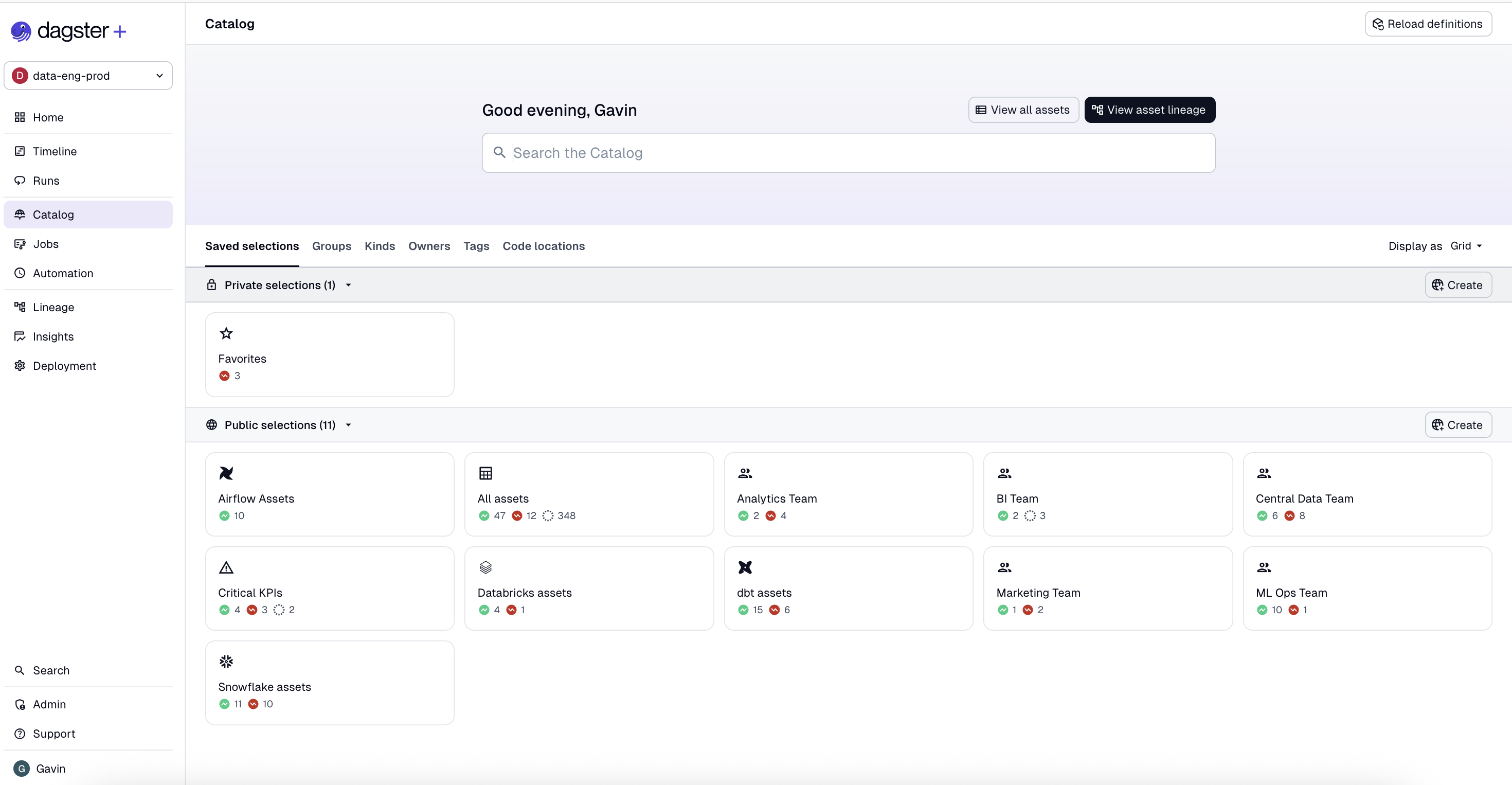 The Asset catalog page in the Dagster UI